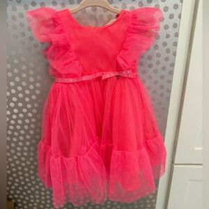 Petit Bebe Neon Pink Tulle Party Dress Girls Size 6-9M Ruffle Sleeve Sparkles